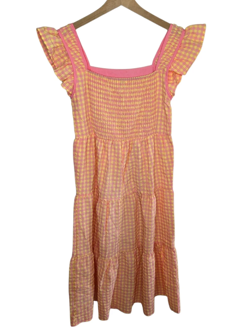 Umgee Pink Yellow Gingham Smocked Ruffle Sleeve Midi Dress Size Small - Picture 6 of 7